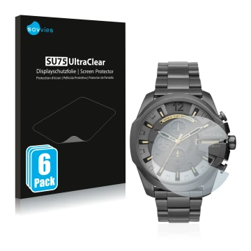 Parte frontal de un envase de producto con el logotipo de la marca Savvies. Al lado se muestra el dispositivo Diesel Chronogra