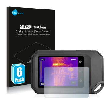 Parte frontal de un envase de producto con el logotipo de la marca Savvies. Al lado se muestra el dispositivo Flir C5 con su p