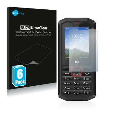 Parte frontal de un envase de producto con el logotipo de la marca Savvies. Al lado se muestra el dispositivo Crosscall Spider