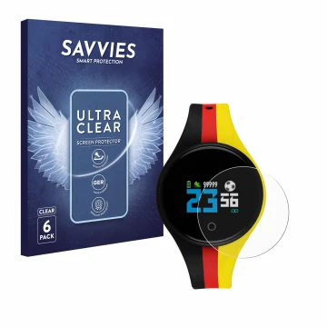 Parte frontal de un envase de producto con el logotipo de la marca Savvies. Al lado se muestra el dispositivo Xlyne X-Watch Eu