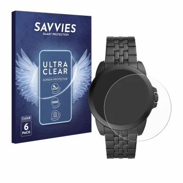 Parte frontal de un envase de producto con el logotipo de la marca Savvies. Al lado se muestra el dispositivo Fossil Gen 5E co