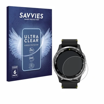 Parte frontal de un envase de producto con el logotipo de la marca Savvies. Al lado se muestra el dispositivo Garmin D2 Air co