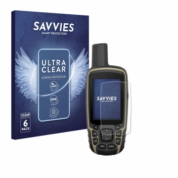 Parte frontal de un envase de producto con el logotipo de la marca Savvies. Al lado se muestra el dispositivo Garmin GPSMAP 65