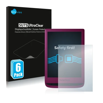 Parte frontal de un envase de producto con el logotipo de la marca Savvies. Al lado se muestra el dispositivo PocketBook Touch