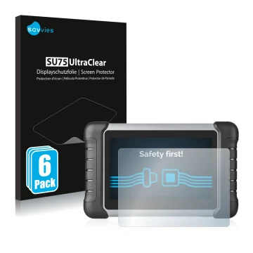 Parte frontal de un envase de producto con el logotipo de la marca Savvies. Al lado se muestra el dispositivo Autel MaxiCOM MK