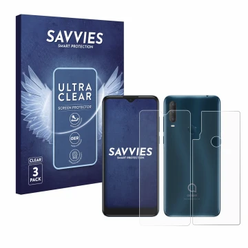 Parte frontal de un envase de producto con el logotipo de la marca Savvies. Al lado se muestra el dispositivo Alcatel 1S 2020 