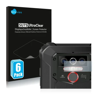 Parte frontal de un envase de producto con el logotipo de la marca Savvies. Al lado se muestra el dispositivo Oukitel WP5 Pro 