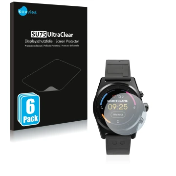 Parte frontal de un envase de producto con el logotipo de la marca Savvies. Al lado se muestra el dispositivo Montblanc Summit