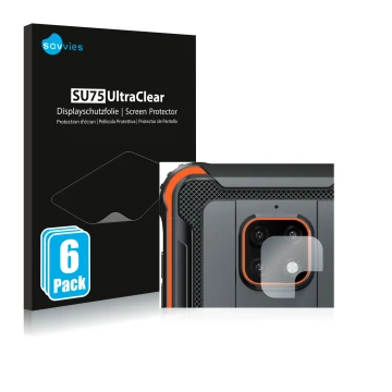 Parte frontal de un envase de producto con el logotipo de la marca Savvies. Al lado se muestra el dispositivo Blackview BV4900