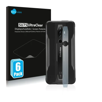 Parte frontal de un envase de producto con el logotipo de la marca Savvies. Al lado se muestra el dispositivo Blackview BV6300