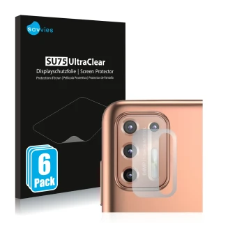 Parte frontal de un envase de producto con el logotipo de la marca Savvies. Al lado se muestra el dispositivo Motorola Moto G9