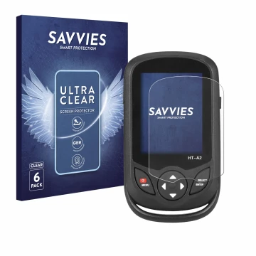 Parte frontal de un envase de producto con el logotipo de la marca Savvies. Al lado se muestra el dispositivo Hti HT A2 con su