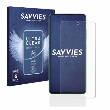 Parte frontal de un envase de producto con el logotipo de la marca Savvies. Al lado se muestra el dispositivo Samsung Galaxy A