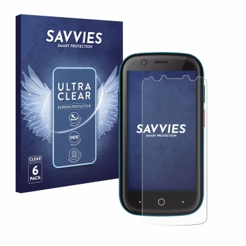 Parte frontal de un envase de producto con el logotipo de la marca Savvies. Al lado se muestra el dispositivo Unihertz Jelly 2