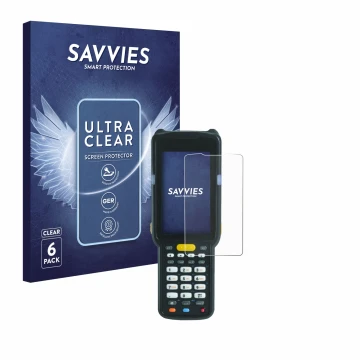 Parte frontal de un envase de producto con el logotipo de la marca Savvies. Al lado se muestra el dispositivo Zebra MC3300X co