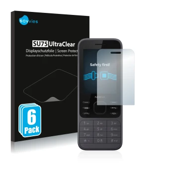 Parte frontal de un envase de producto con el logotipo de la marca Savvies. Al lado se muestra el dispositivo Nokia 6300 2020 