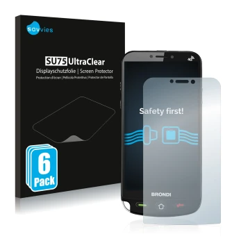 Parte frontal de un envase de producto con el logotipo de la marca Savvies. Al lado se muestra el dispositivo Brondi Amico Dua