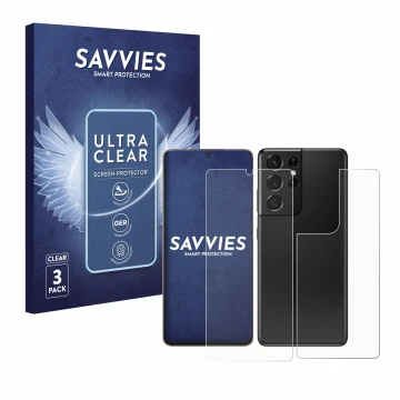 Parte frontal de un envase de producto con el logotipo de la marca Savvies. Al lado se muestra el dispositivo Samsung Galaxy S