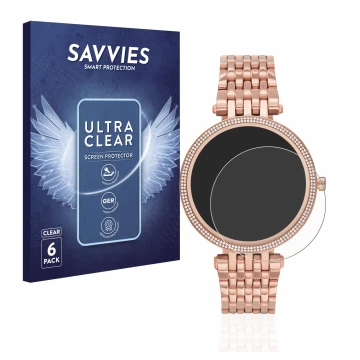 Parte frontal de un envase de producto con el logotipo de la marca Savvies. Al lado se muestra el dispositivo Michael Kors Acc