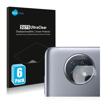 Parte frontal de un envase de producto con el logotipo de la marca Savvies. Al lado se muestra el dispositivo Xiaomi Redmi Not