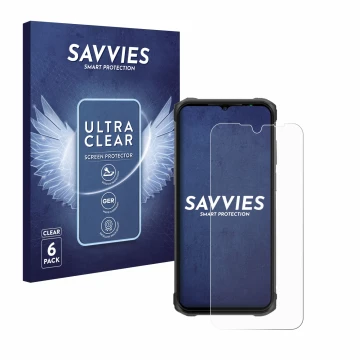 Parte frontal de un envase de producto con el logotipo de la marca Savvies. Al lado se muestra el dispositivo Ulefone Armor 12