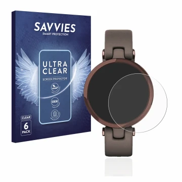 Parte frontal de un envase de producto con el logotipo de la marca Savvies. Al lado se muestra el dispositivo Garmin Lily con 