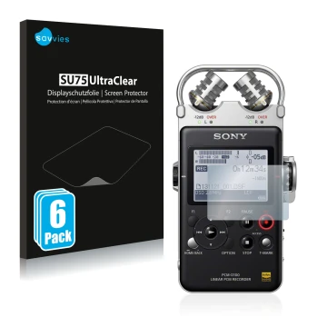 Parte frontal de un envase de producto con el logotipo de la marca Savvies. Al lado se muestra el dispositivo Sony PCM D100 co