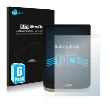 Parte frontal de un envase de producto con el logotipo de la marca Savvies. Al lado se muestra el dispositivo PocketBook InkPa