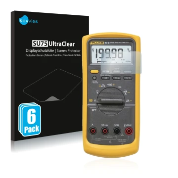 Parte frontal de un envase de producto con el logotipo de la marca Savvies. Al lado se muestra el dispositivo Fluke 87v con su