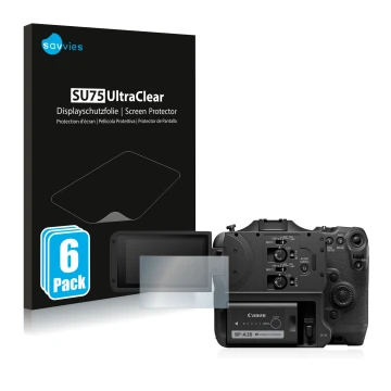 Parte frontal de un envase de producto con el logotipo de la marca Savvies. Al lado se muestra el dispositivo Canon EOS C70 co