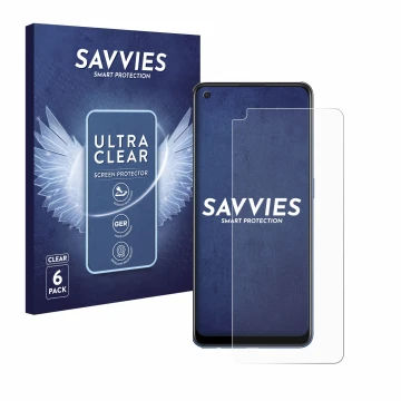 Parte frontal de un envase de producto con el logotipo de la marca Savvies. Al lado se muestra el dispositivo Oppo A74 5G con 