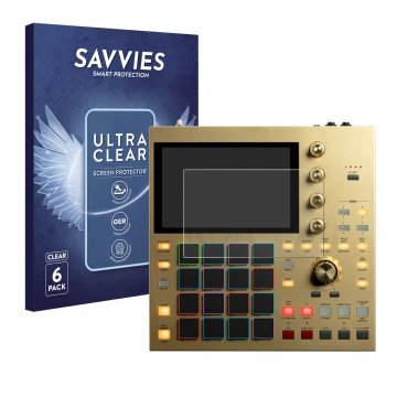 Parte frontal de un envase de producto con el logotipo de la marca Savvies. Al lado se muestra el dispositivo Akai MPC One con