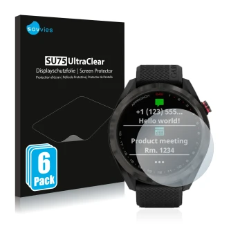 Parte frontal de un envase de producto con el logotipo de la marca Savvies. Al lado se muestra el dispositivo Garmin Approach 