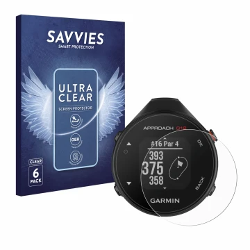Parte frontal de un envase de producto con el logotipo de la marca Savvies. Al lado se muestra el dispositivo Garmin Approach 