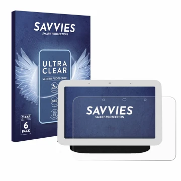 Parte frontal de un envase de producto con el logotipo de la marca Savvies. Al lado se muestra el dispositivo Google Nest Hub 