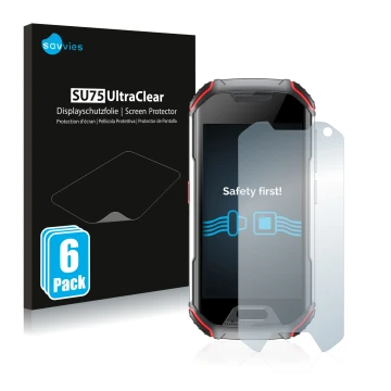 Parte frontal de un envase de producto con el logotipo de la marca Savvies. Al lado se muestra el dispositivo Unihertz Atom XL