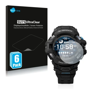 Parte frontal de un envase de producto con el logotipo de la marca Savvies. Al lado se muestra el dispositivo Casio G-Shock GS