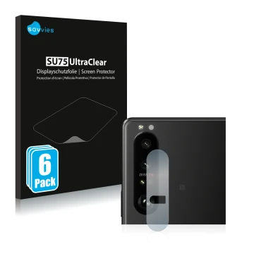 Parte frontal de un envase de producto con el logotipo de la marca Savvies. Al lado se muestra el dispositivo Sony Xperia 1 II