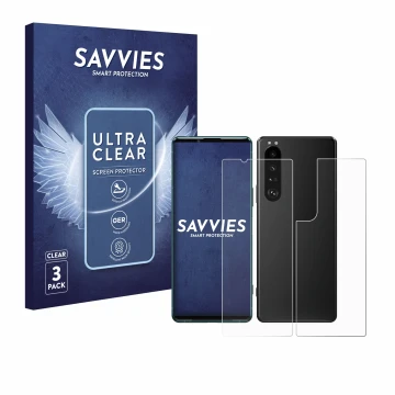 Parte frontal de un envase de producto con el logotipo de la marca Savvies. Al lado se muestra el dispositivo Sony Xperia 5 II