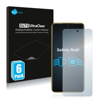 Parte frontal de un envase de producto con el logotipo de la marca Savvies. Al lado se muestra el dispositivo Xiaomi Poco M3 P