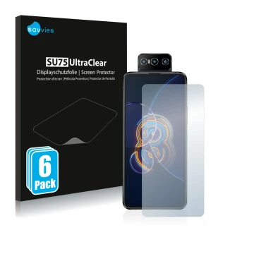 Parte frontal de un envase de producto con el logotipo de la marca Savvies. Al lado se muestra el dispositivo ASUS ZenFone 8 F