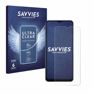 Parte frontal de un envase de producto con el logotipo de la marca Savvies. Al lado se muestra el dispositivo Vivo Y72 5G con 