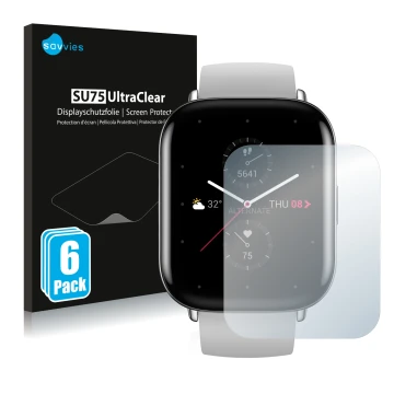 Parte frontal de un envase de producto con el logotipo de la marca Savvies. Al lado se muestra el dispositivo Huami Amazfit Ze