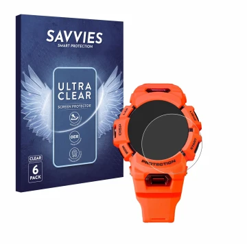 Parte frontal de un envase de producto con el logotipo de la marca Savvies. Al lado se muestra el dispositivo Casio G-Shock GB