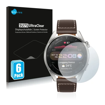 Parte frontal de un envase de producto con el logotipo de la marca Savvies. Al lado se muestra el dispositivo Huawei Watch 3 P