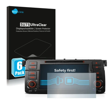 Parte frontal de un envase de producto con el logotipo de la marca Savvies. Al lado se muestra el dispositivo Xtrons PQ7046B c