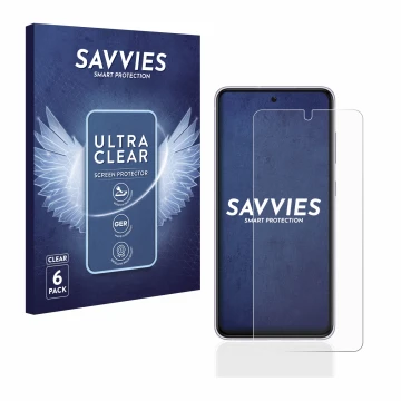 Parte frontal de un envase de producto con el logotipo de la marca Savvies. Al lado se muestra el dispositivo Samsung Galaxy S