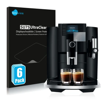 Parte frontal de un envase de producto con el logotipo de la marca Savvies. Al lado se muestra el dispositivo Jura E8 (EB) con