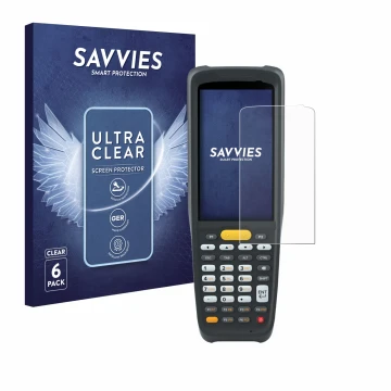 Parte frontal de un envase de producto con el logotipo de la marca Savvies. Al lado se muestra el dispositivo Zebra MC2200 con
