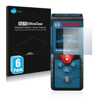 Parte frontal de un envase de producto con el logotipo de la marca Savvies. Al lado se muestra el dispositivo Bosch GLM 40 Pro